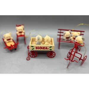 Vtg Avon 4 Pc Christmas Teddy Bear Ornaments Flocked Panda Red Metal